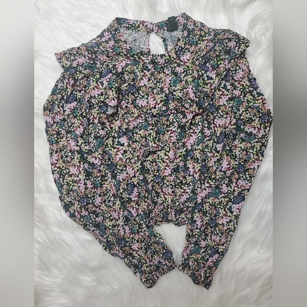 Pink and Green Ruffled Bib Collar Blouse with Bishop Sleeves
